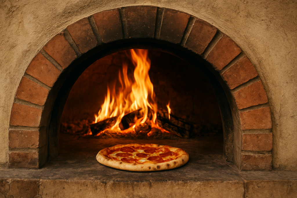Feu de bois pour pizza dans four dans une cheminée